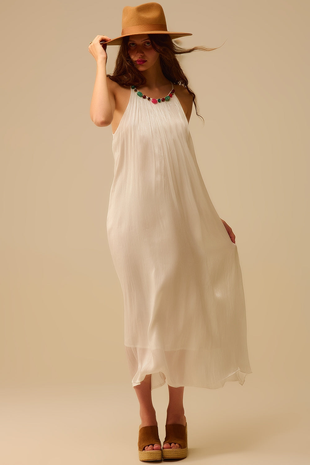 Q2 White Pleated Halter long Dress with Beaded Neckline