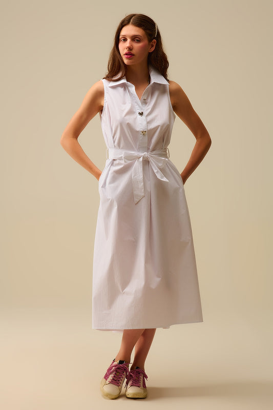 Q2 White poplin midi dress with silver heart-shaped buttons