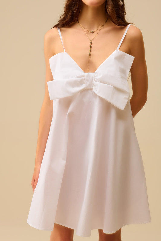 Witte poplin mini-jurk met een groot strikdetail