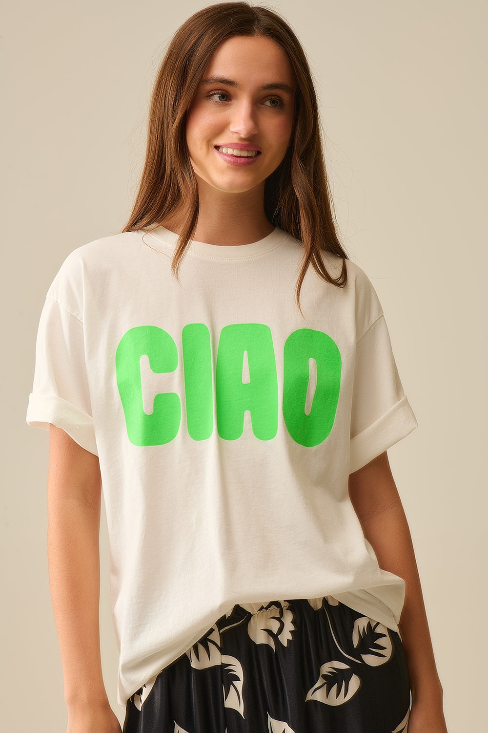 Q2 White Relaxed CIAO T-Shirt With Green Letters