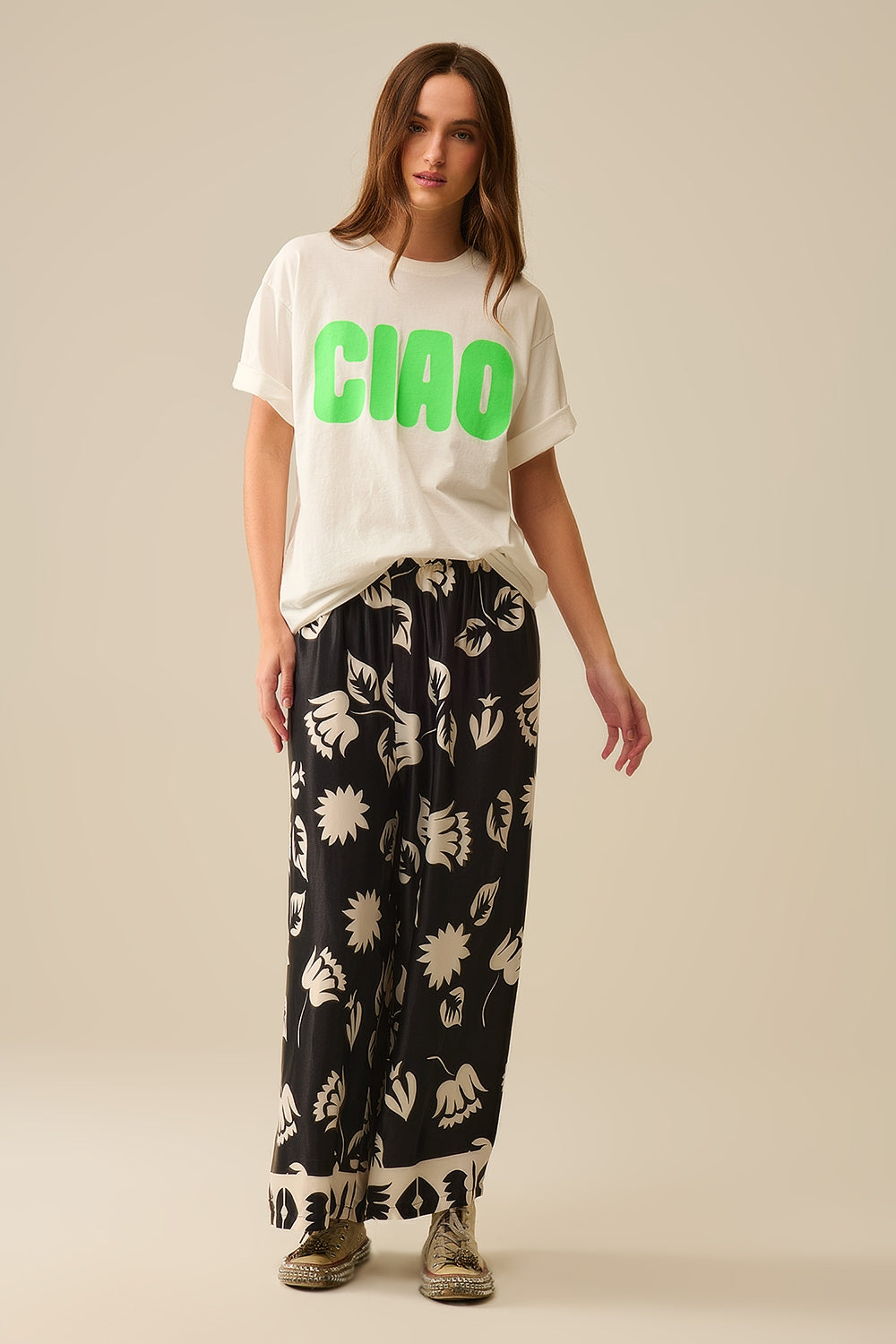 White Relaxed CIAO T-Shirt With Green Letters