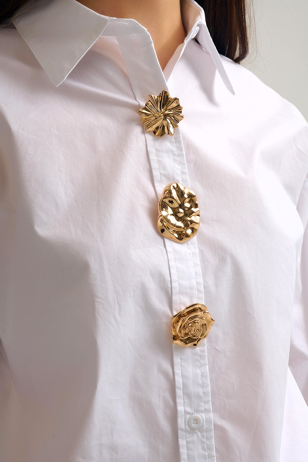 White relaxed poplin Cotton Shirt with Decorative Gold Buttons