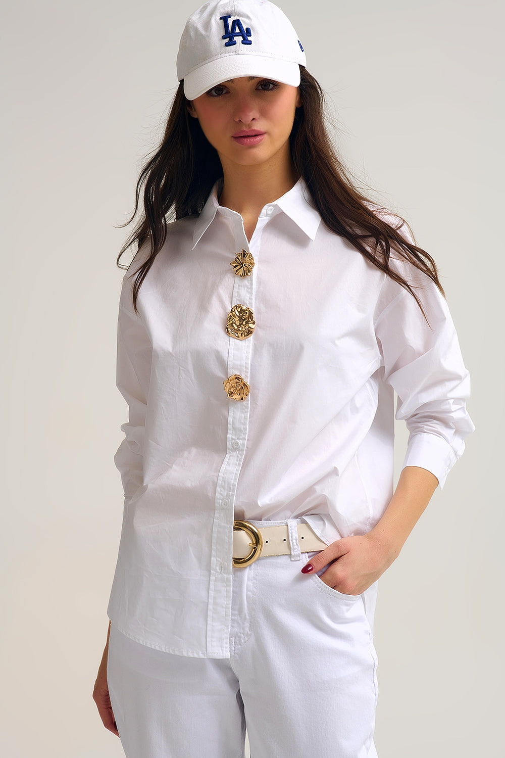 Q2 White relaxed poplin Cotton Shirt with Decorative Gold Buttons