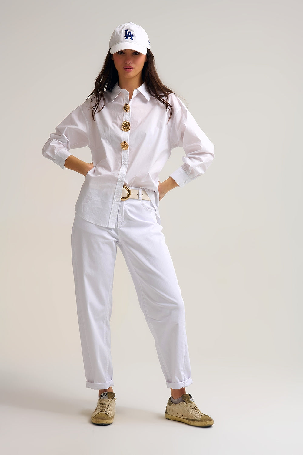 White relaxed poplin Cotton Shirt with Decorative Gold Buttons