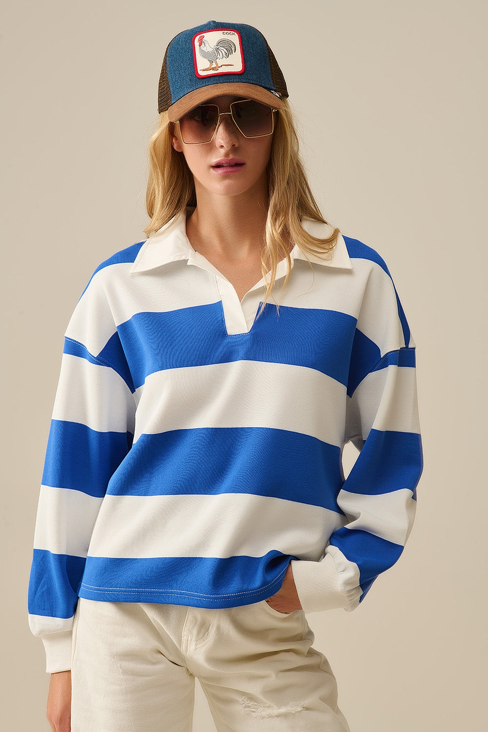 Q2 White Relaxed striped polo blouse with Blue Stripes