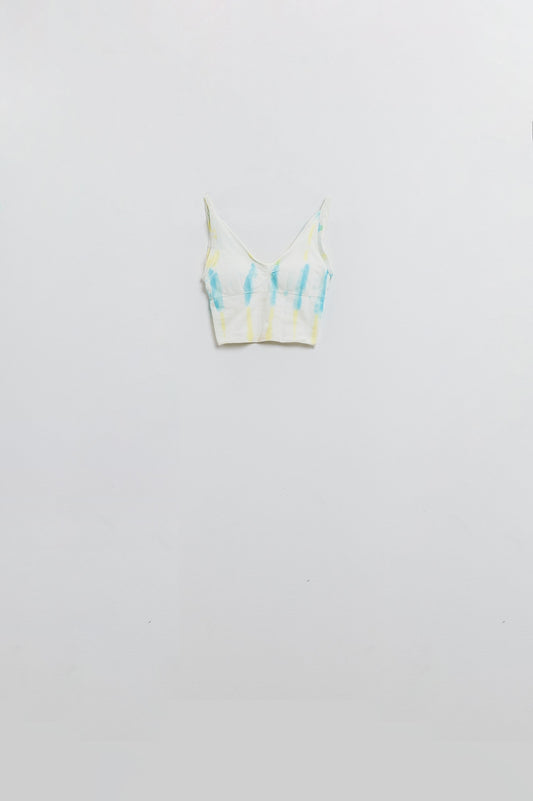Q2 White Seamless Crop Top with Multicolor Tie-Dye