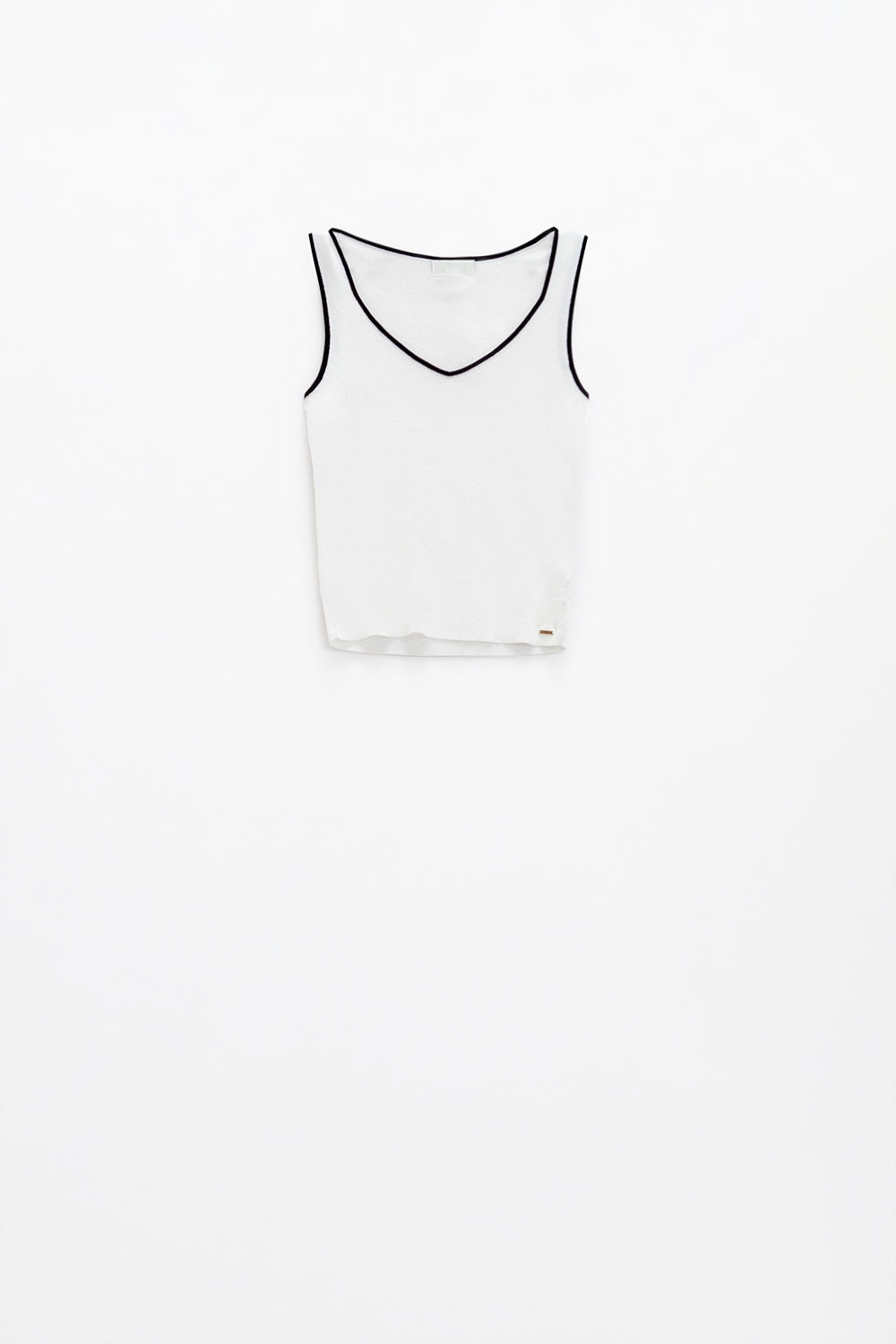 White sleeveless top with crew neckline neckline and black trim