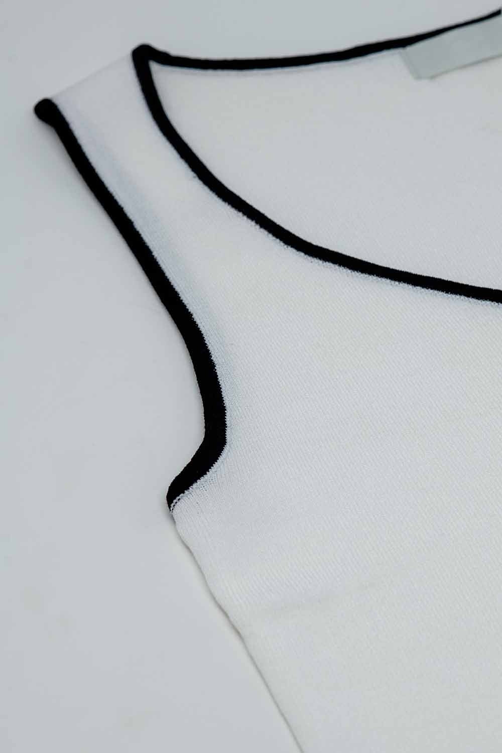 White sleeveless top with crew neckline neckline and black trim