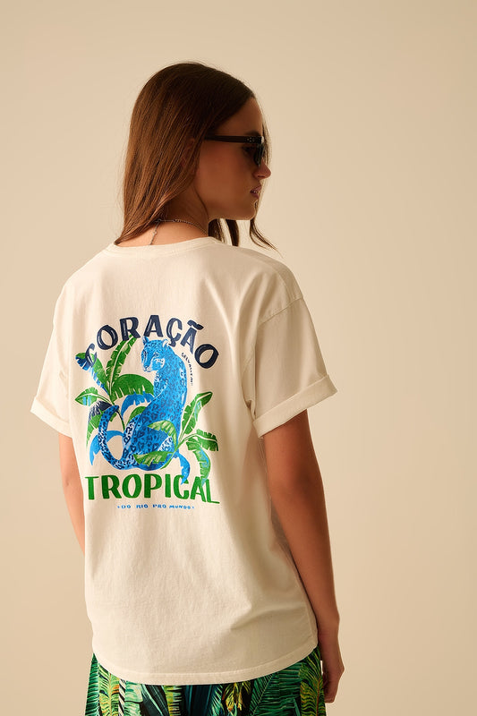 Q2 White t-shirt made in Italy with tropical graphic print