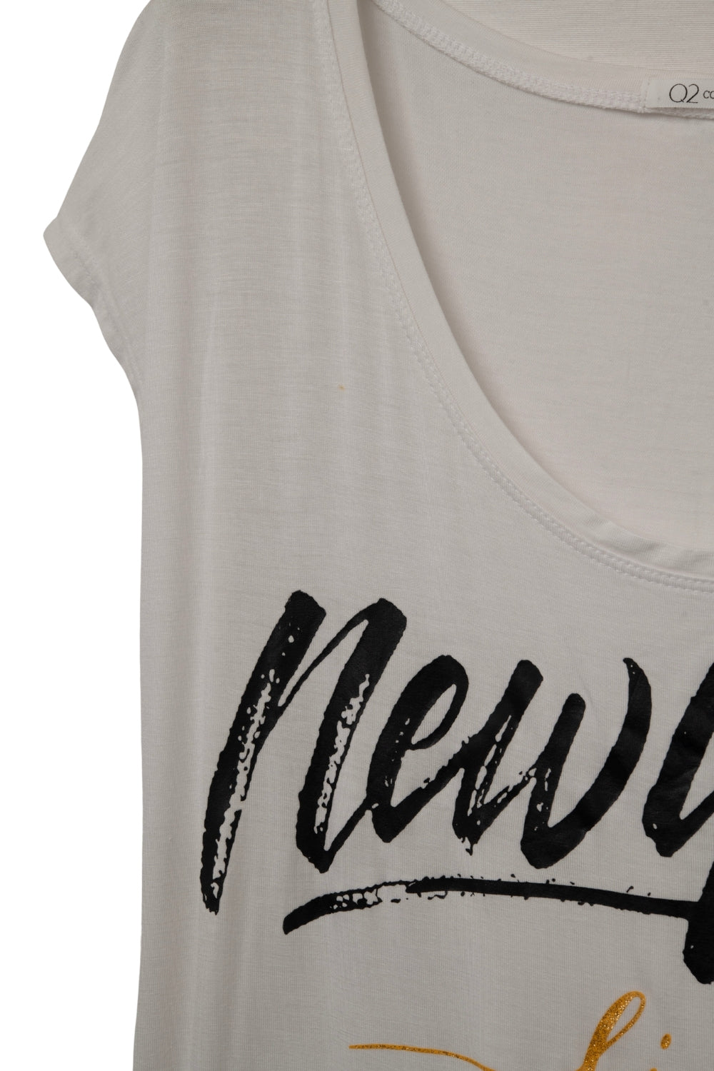 White T-Shirt with Text Design and Wide-Oval Neckline