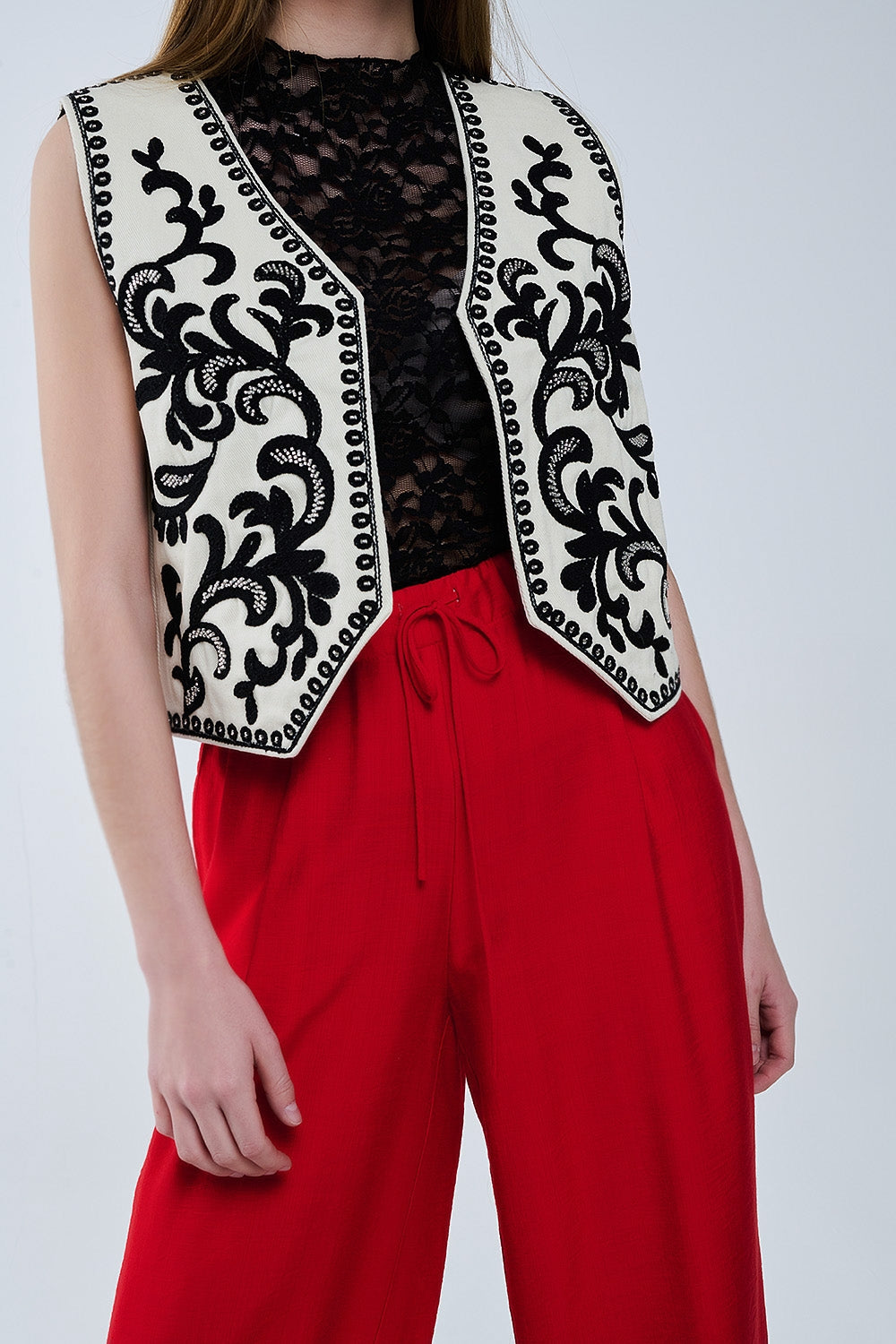 White Vest with Black Baroque embroidered