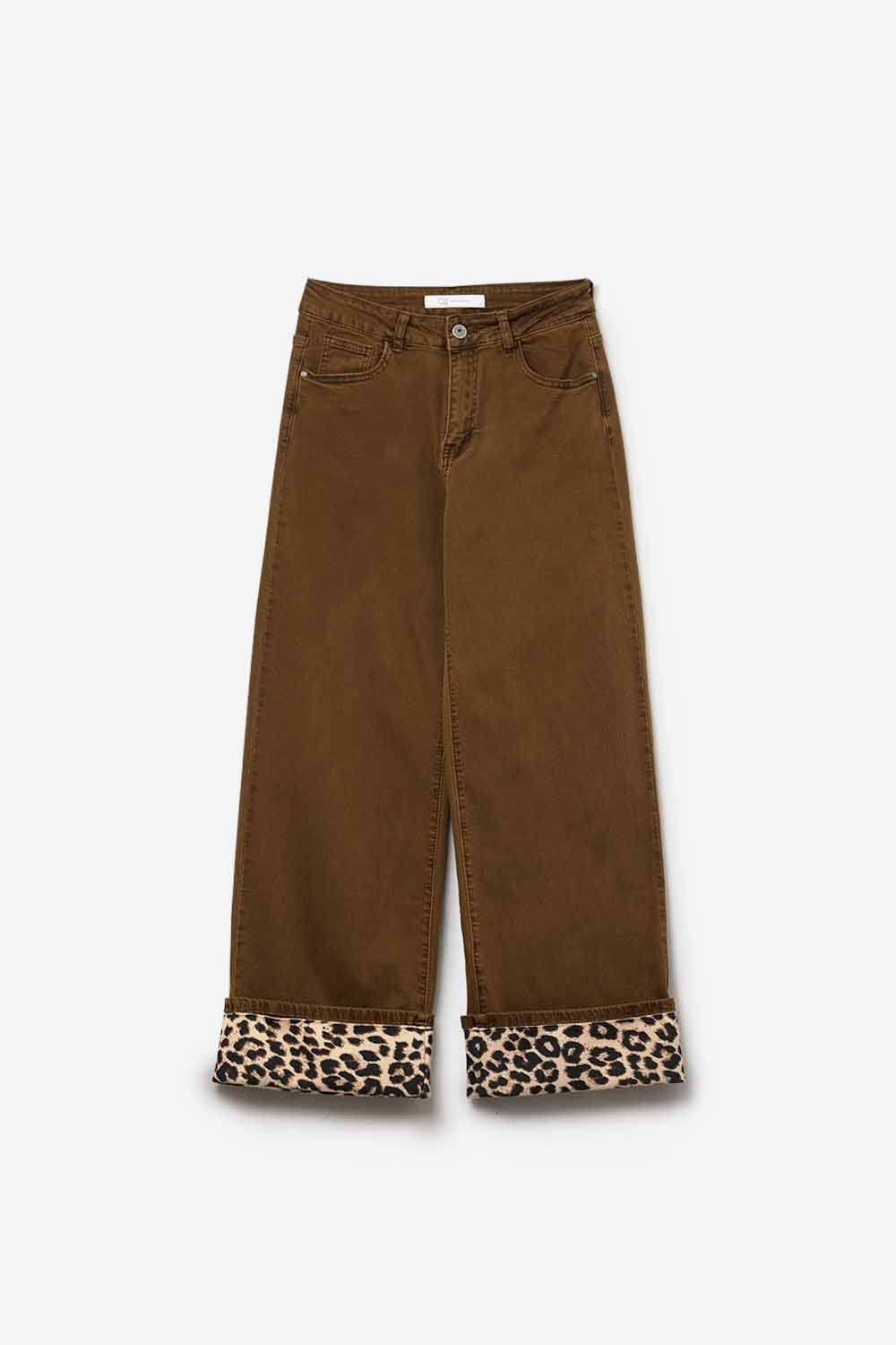Q2 Wide leg camel pants with leopard print at the bottom