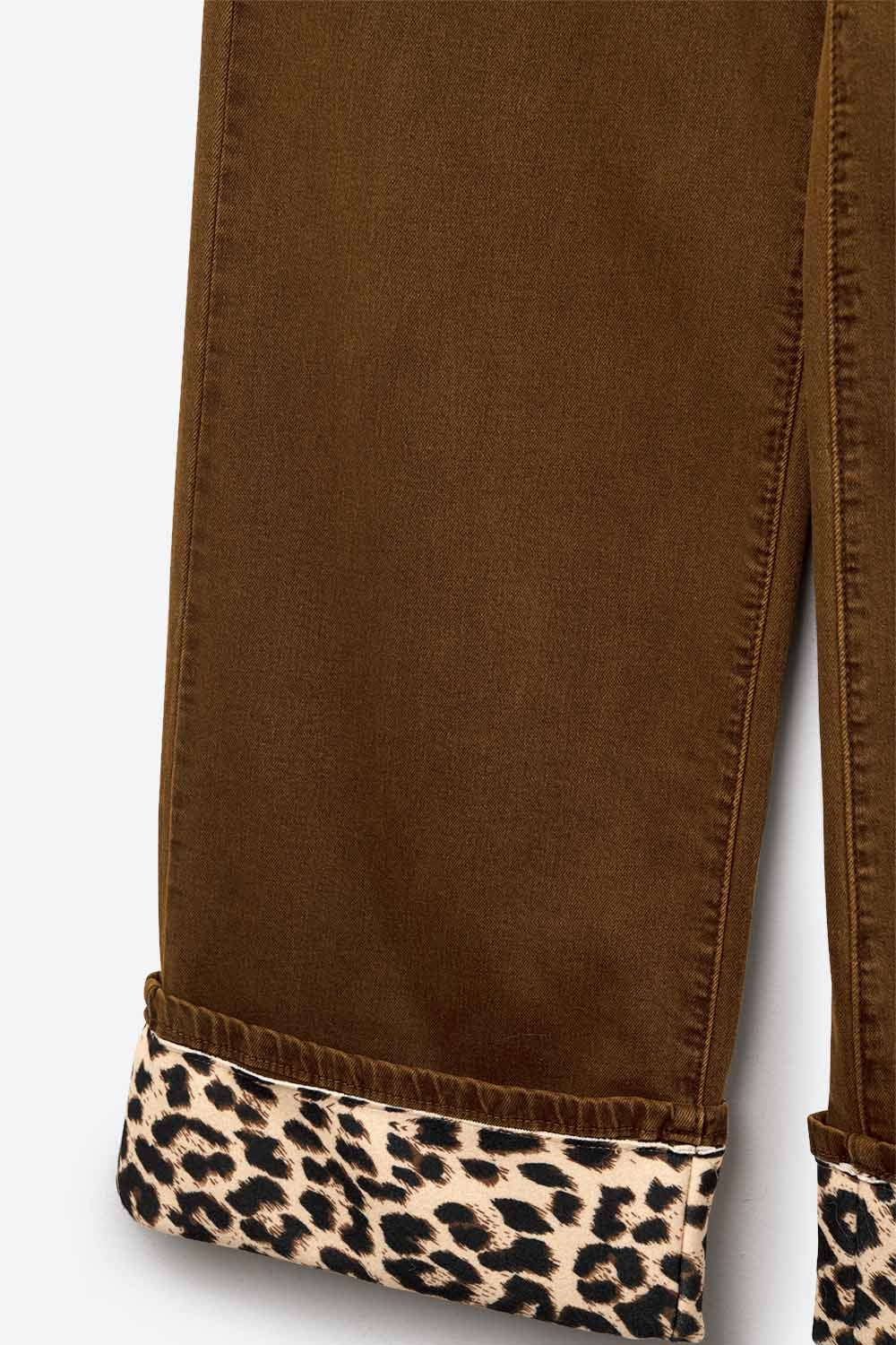 Wide leg camel pants with leopard print at the bottom