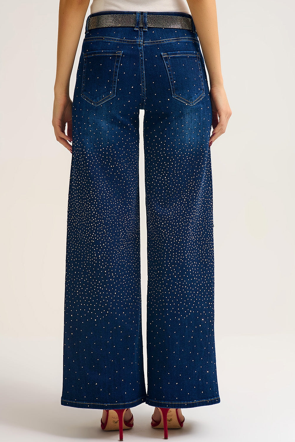 Wide Leg Denim Jeans with Rhinestone Detailing Front and Back