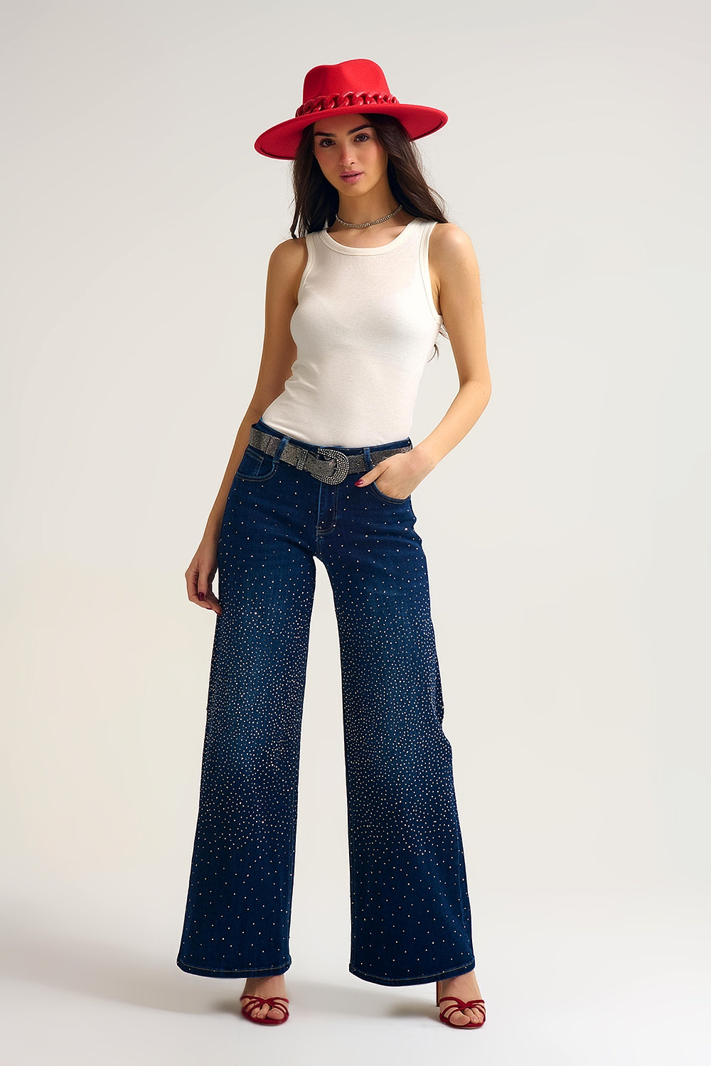 Wide Leg Denim Jeans with Rhinestone Detailing Front and Back