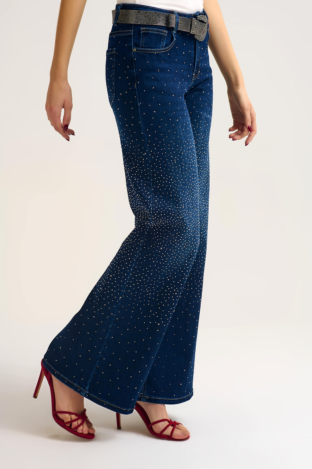 Wide Leg Denim Jeans with Rhinestone Detailing Front and Back