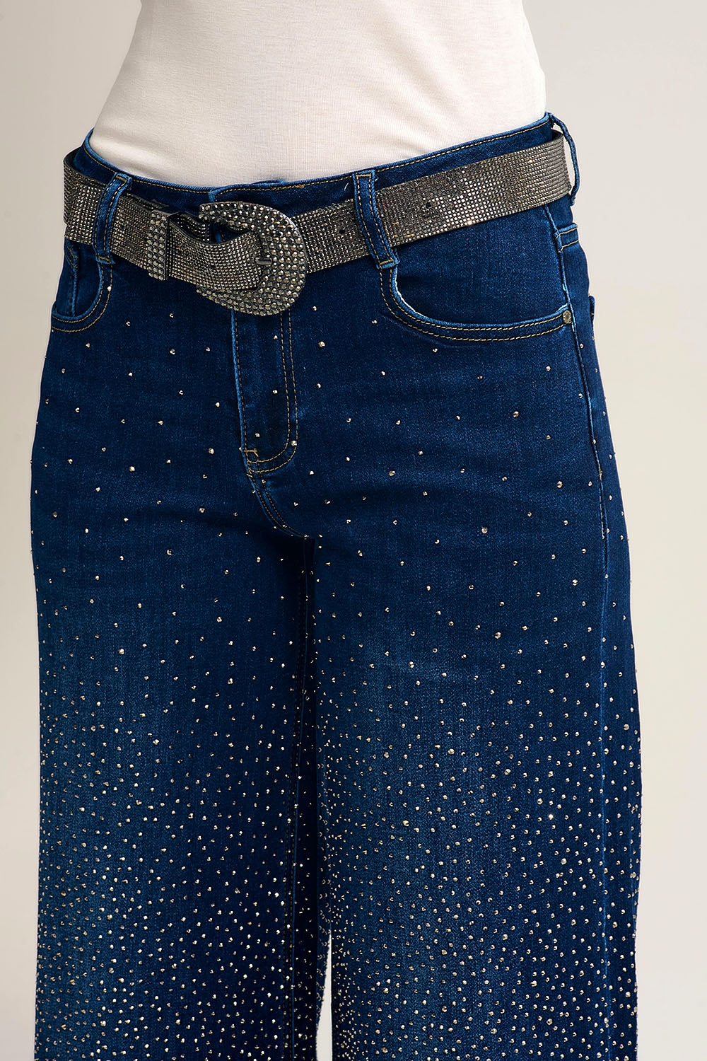 Wide Leg Denim Jeans with Rhinestone Detailing Front and Back