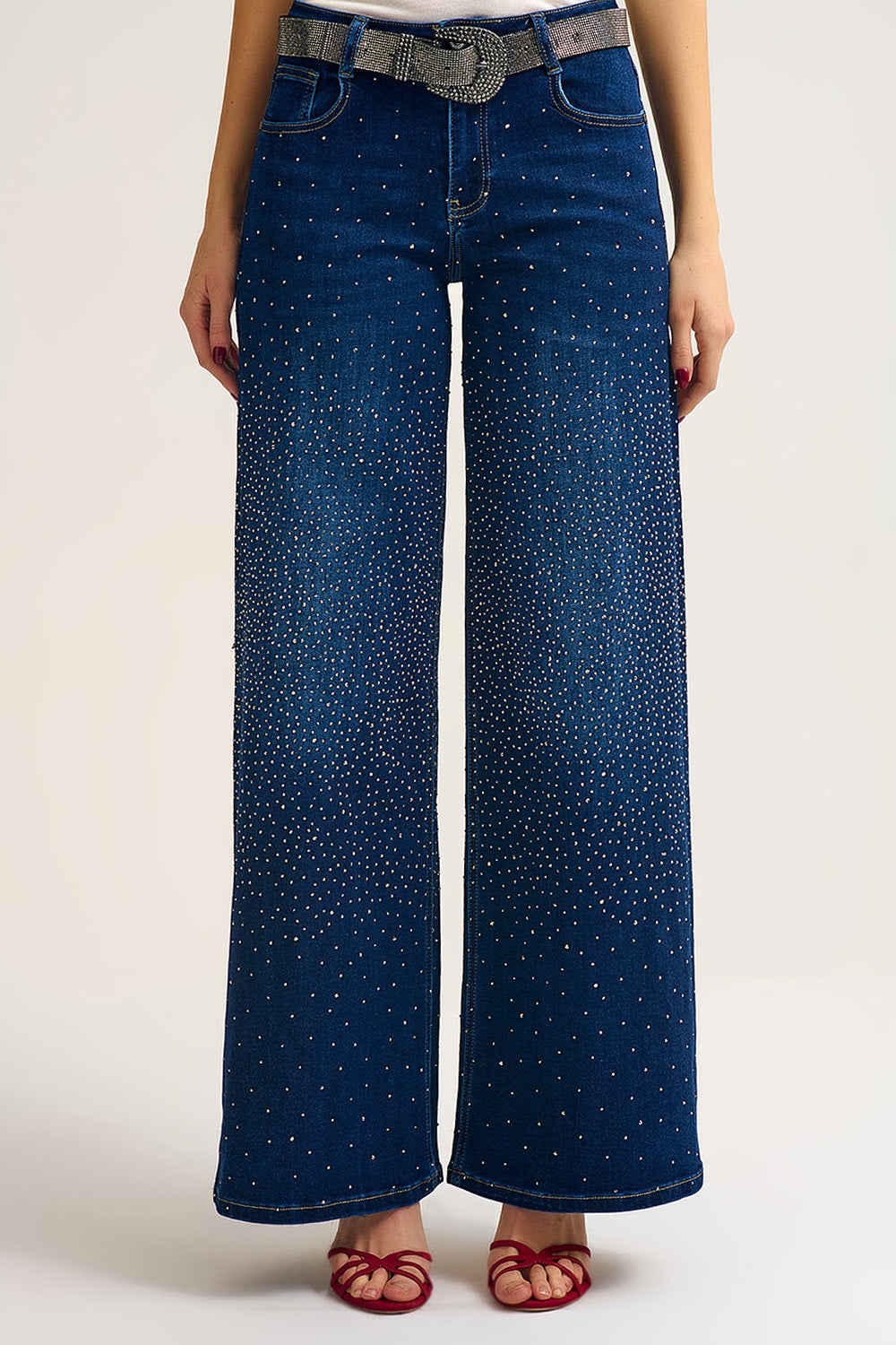 Q2 Wide Leg Denim Jeans with Rhinestone Detailing Front and Back