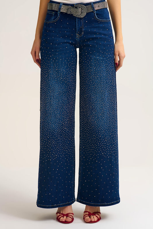 Q2 Wide Leg Denim Jeans with Rhinestone Detailing Front and Back