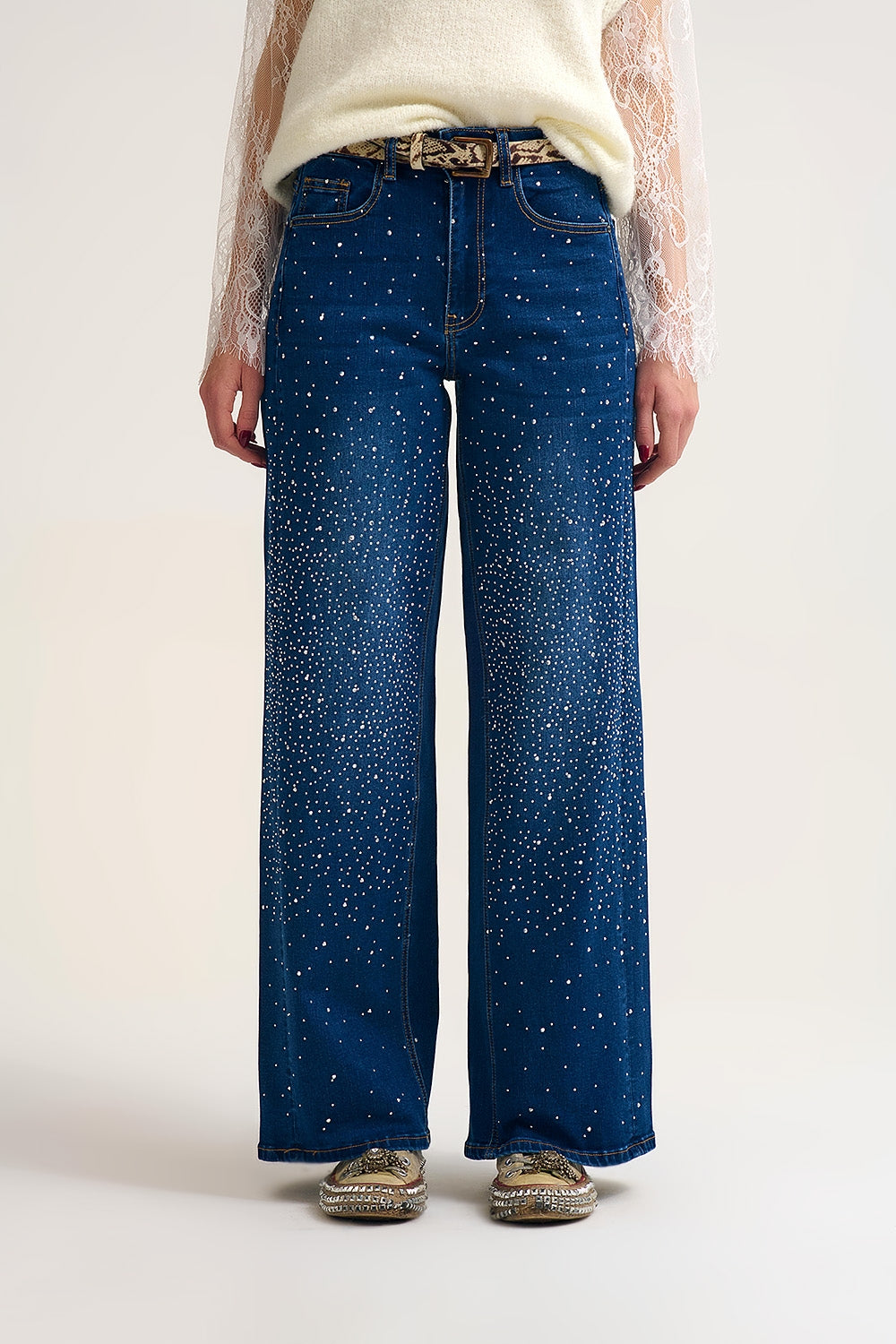 Q2 Wide Leg Denim Jeans with Rhinestone Detailing Front