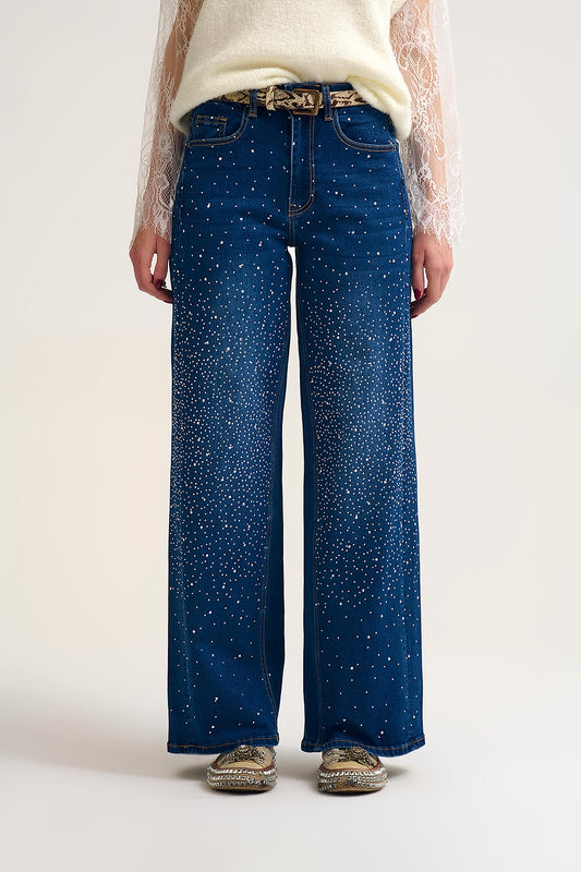 Q2 Wide Leg Denim Jeans with Rhinestone Detailing Front