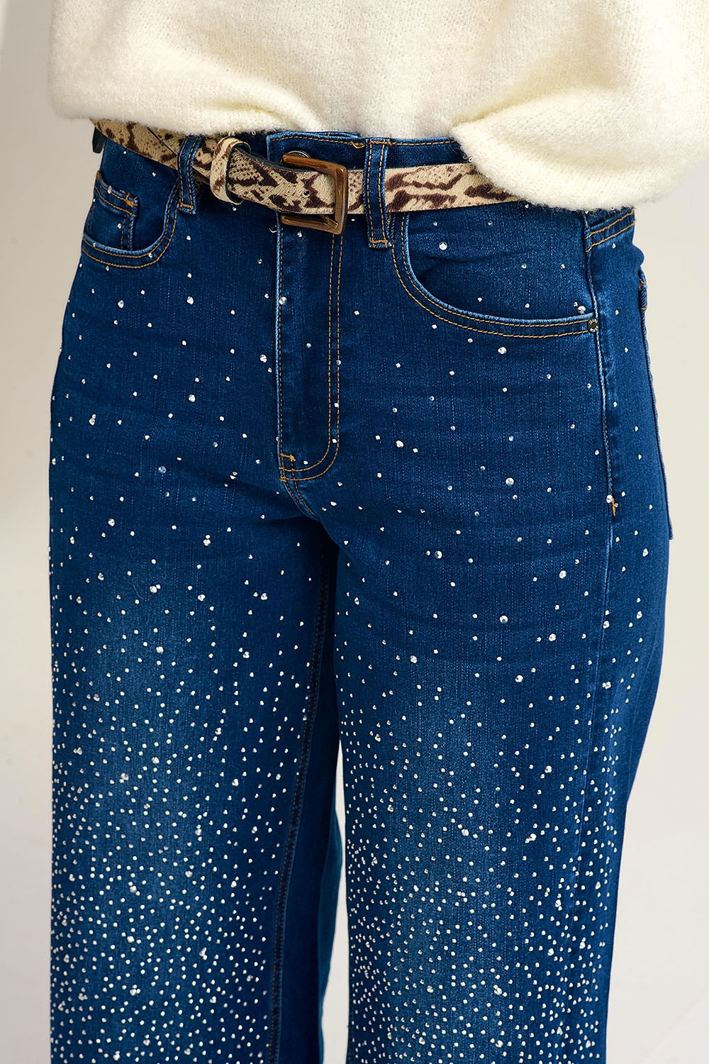 Wide Leg Denim Jeans with Rhinestone Detailing Front