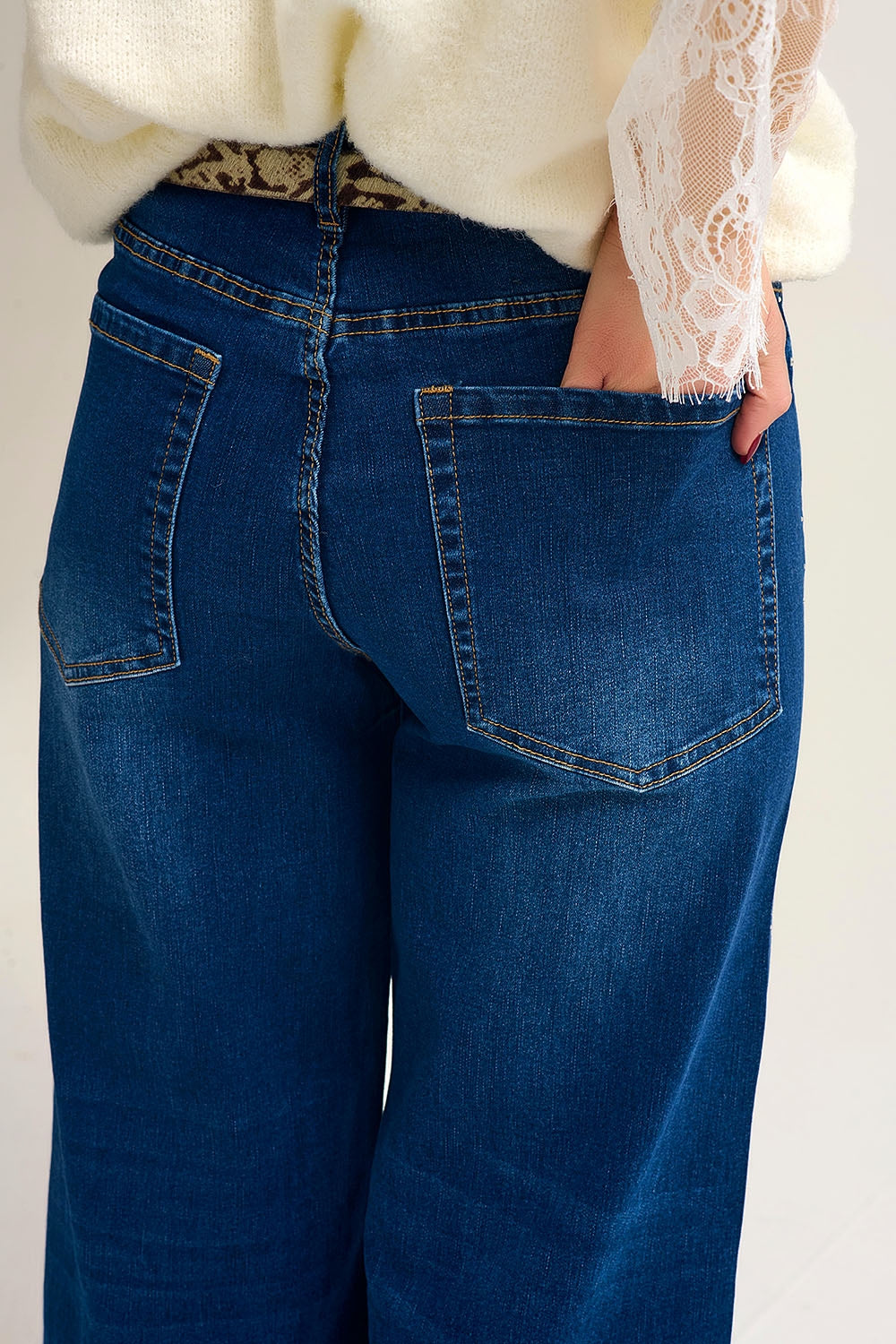 Wide Leg Denim Jeans with Rhinestone Detailing Front