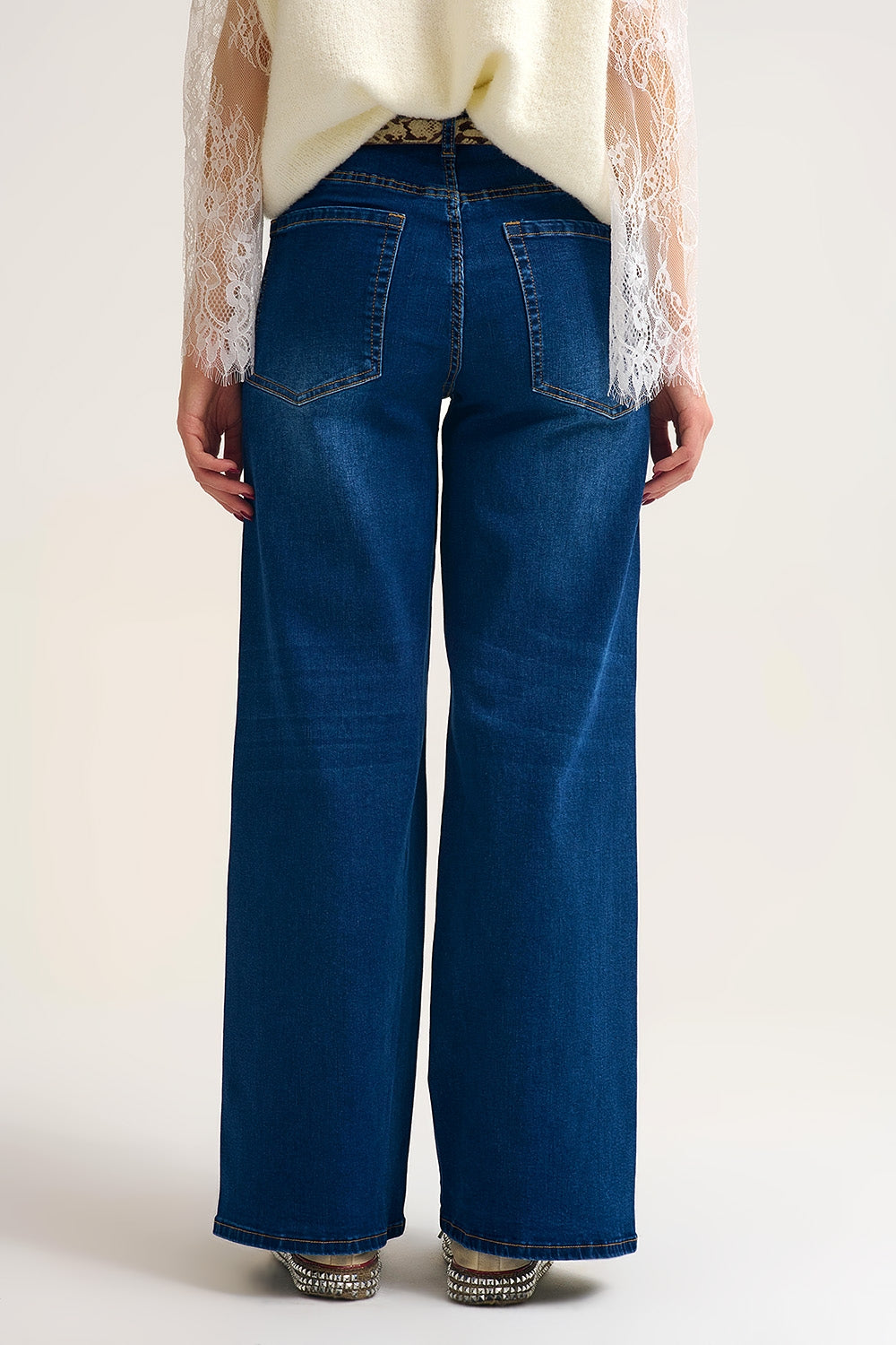 Wide Leg Denim Jeans with Rhinestone Detailing Front