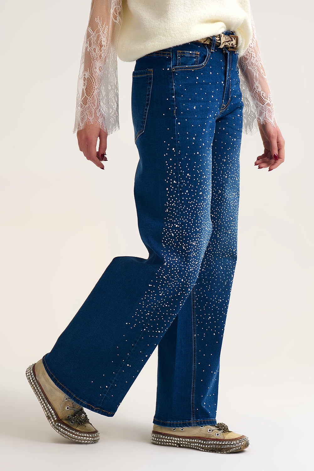 Wide Leg Denim Jeans with Rhinestone Detailing Front