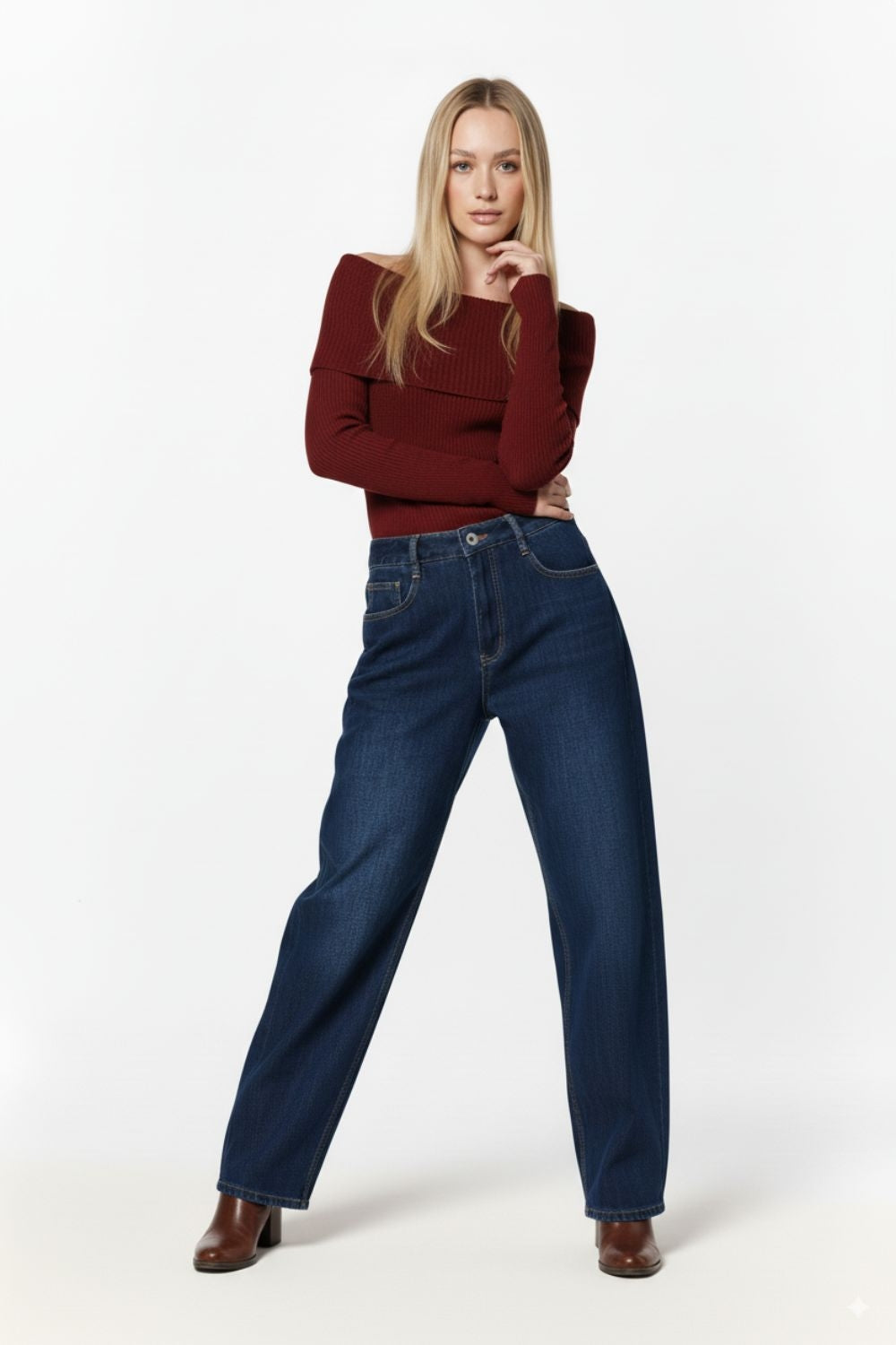 Wide Leg Jeans With Side Dart Detail in Deep Blue