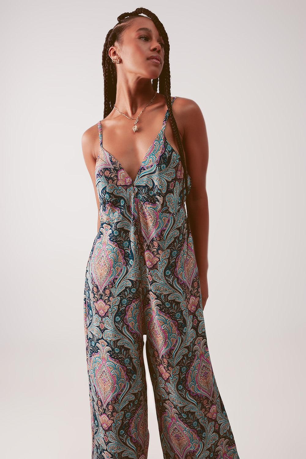 Wide leg jumpsuit in navy paisley print