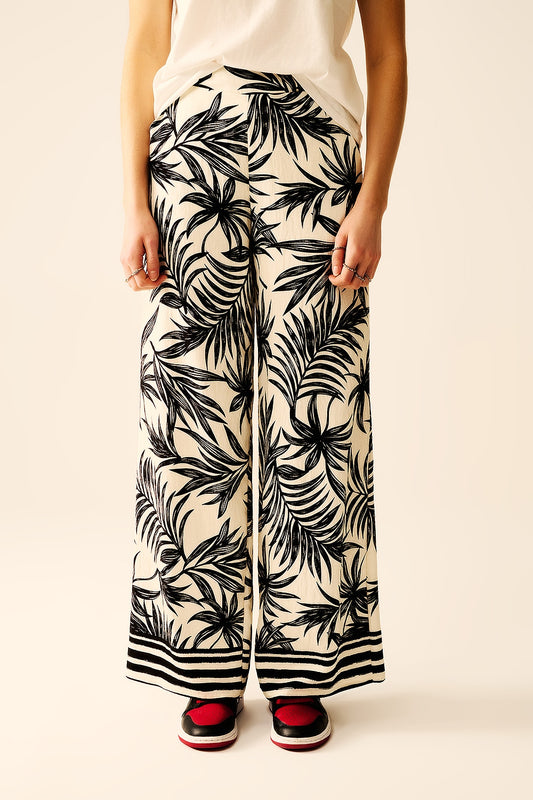 Q2 Wide Leg Pants In White With Floral Detail In Black