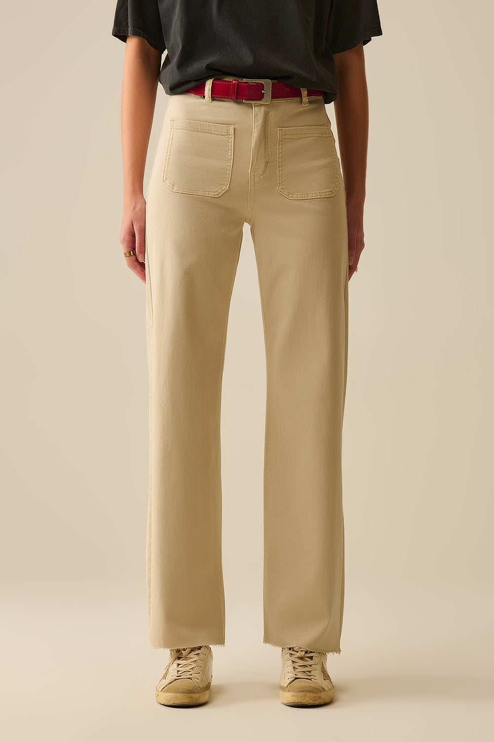 Q2 wide leg pants with front pockets in beige