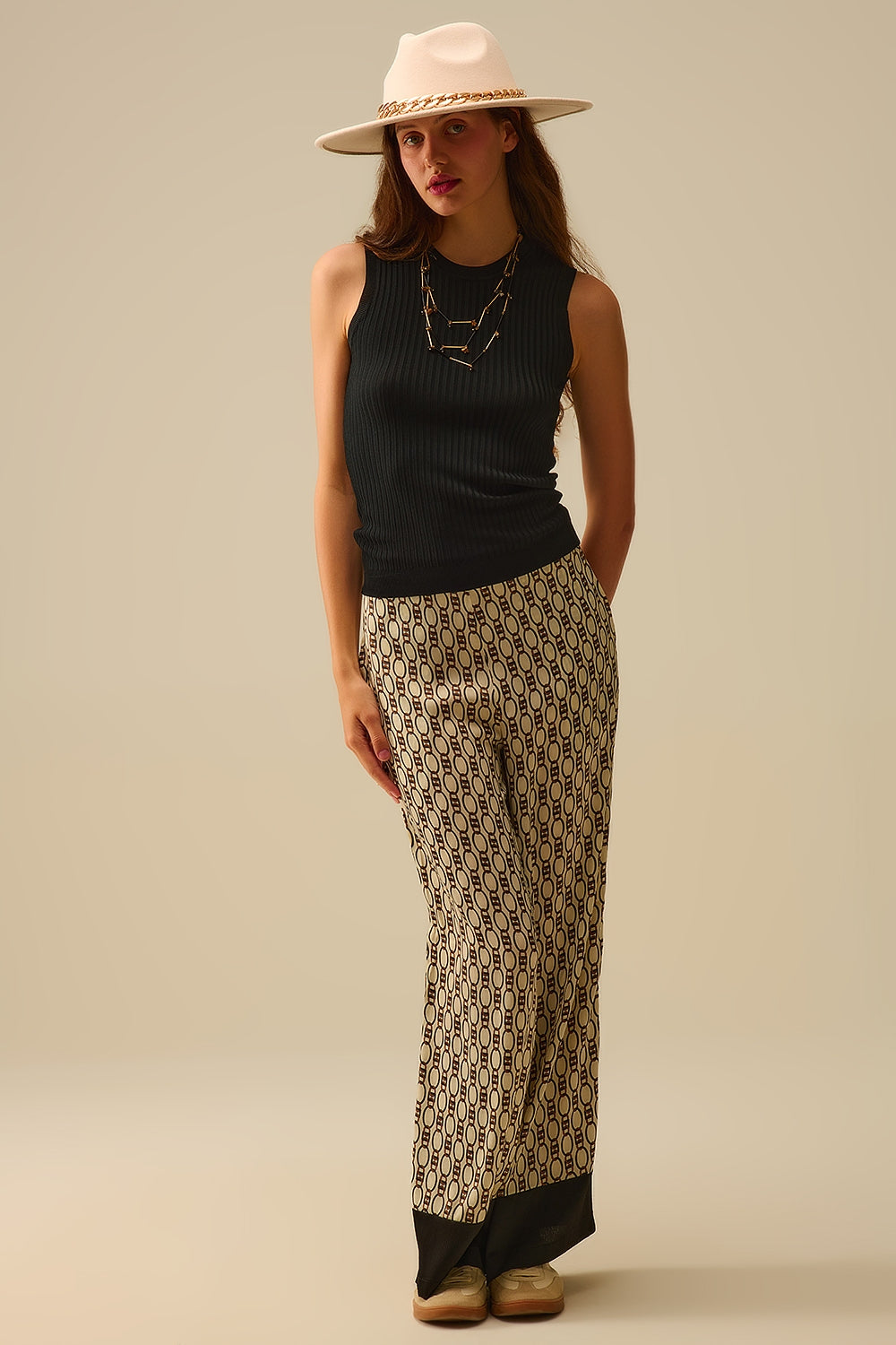 Wide-Leg Printed Pants with Chain Motif