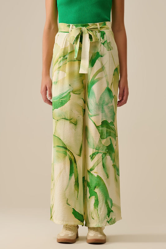 Q2 Wide Leg Trousers with Green Watercolor Print