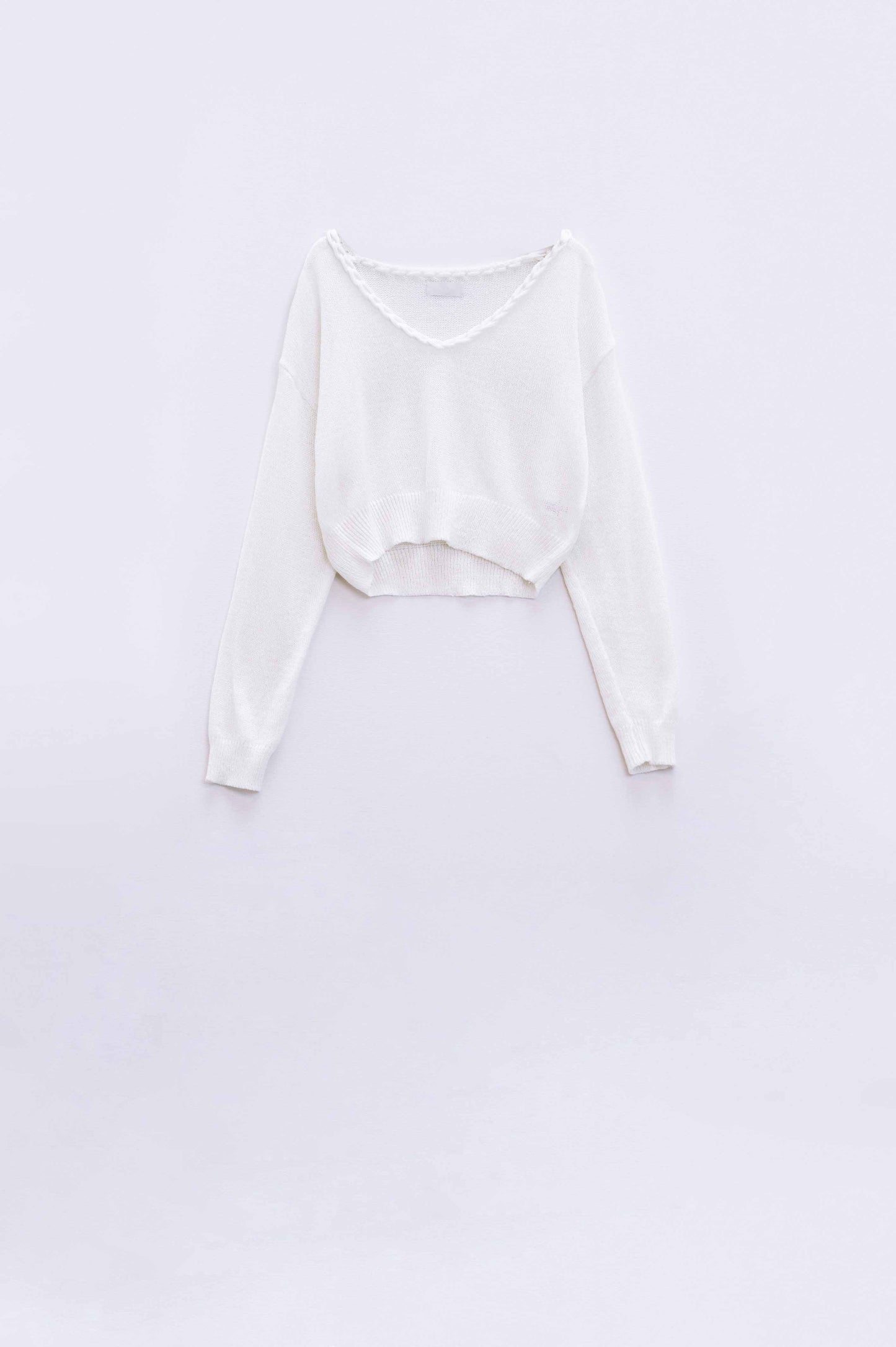 Q2 Wide V-neck cream Sweater With Braided Detail