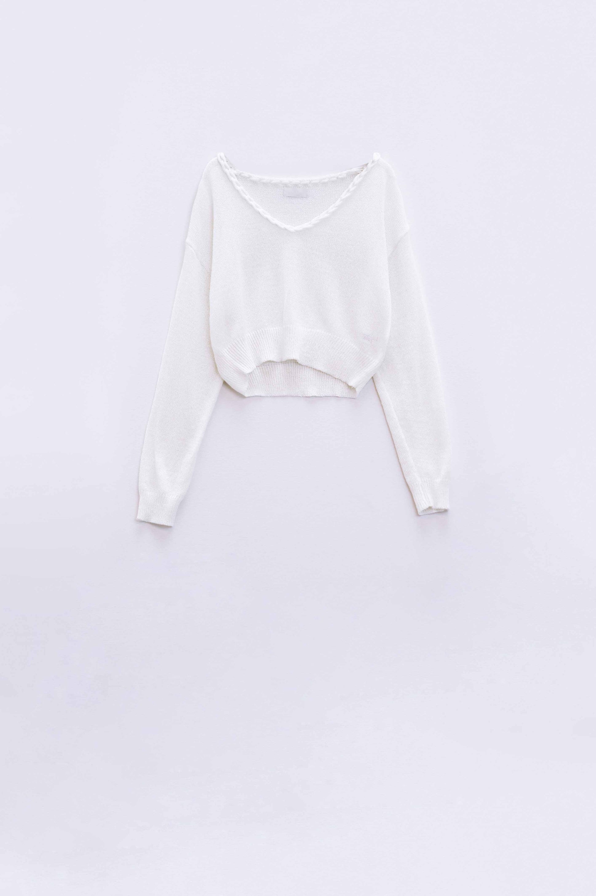 Q2 Wide V-neck cream Sweater With Braided Detail