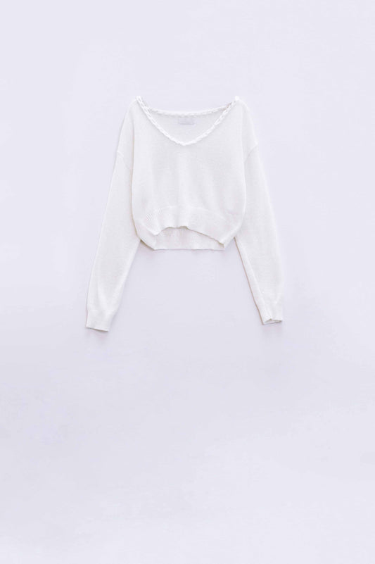 Q2 Wide V-neck cream Sweater With Braided Detail