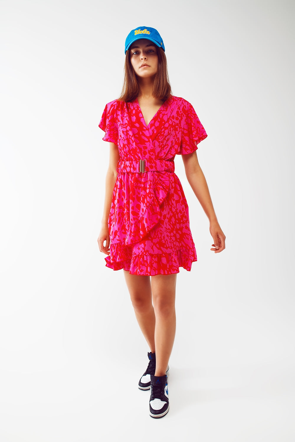 Wrap Belted Animal Print Mini Dress in Fuchsia