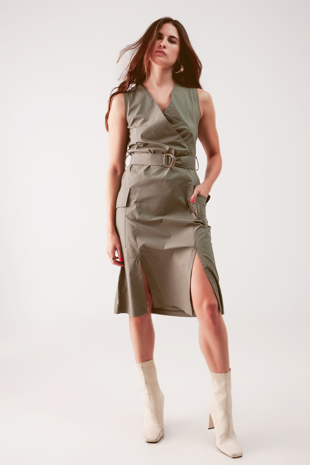 Wrap dress with tie waist detail in khaki