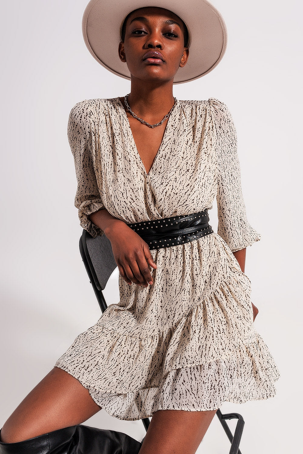 Wrap front frill hem mini dress in white