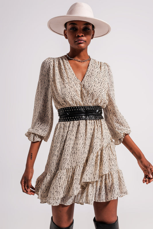 Wrap front frill hem mini dress in white