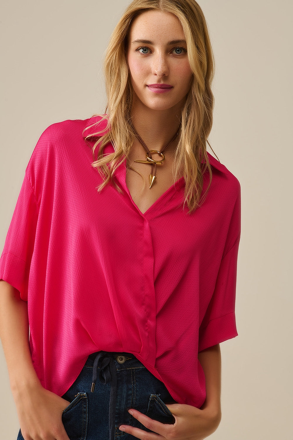 Q2 Wrap Front Shirt in Fuchsia
