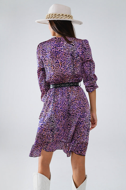 Wrap purple animal print dress with ruffle skirt