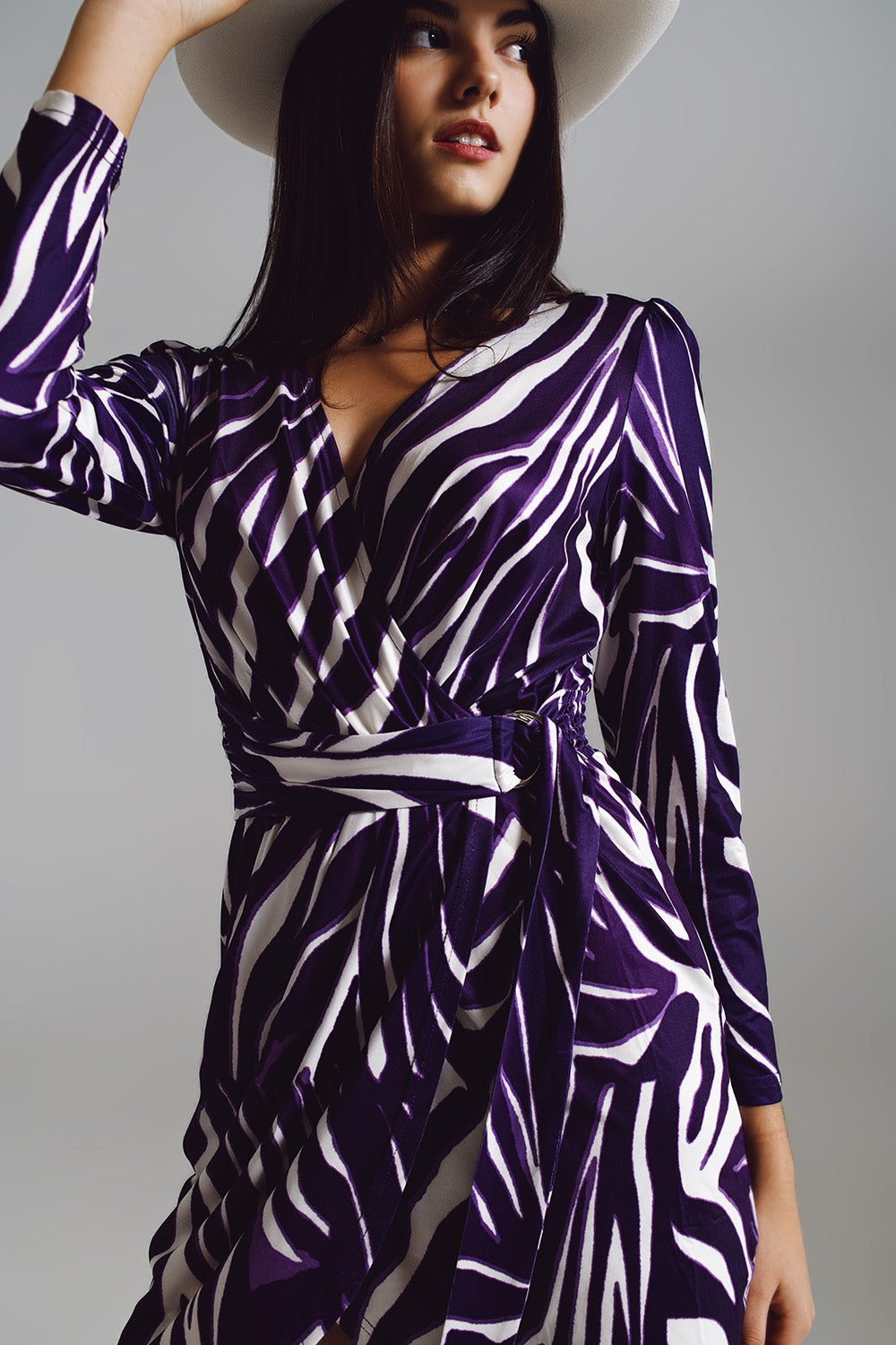 Wrapped Long Sleeve dress With Belt in Cream and Purple Zebra Print
