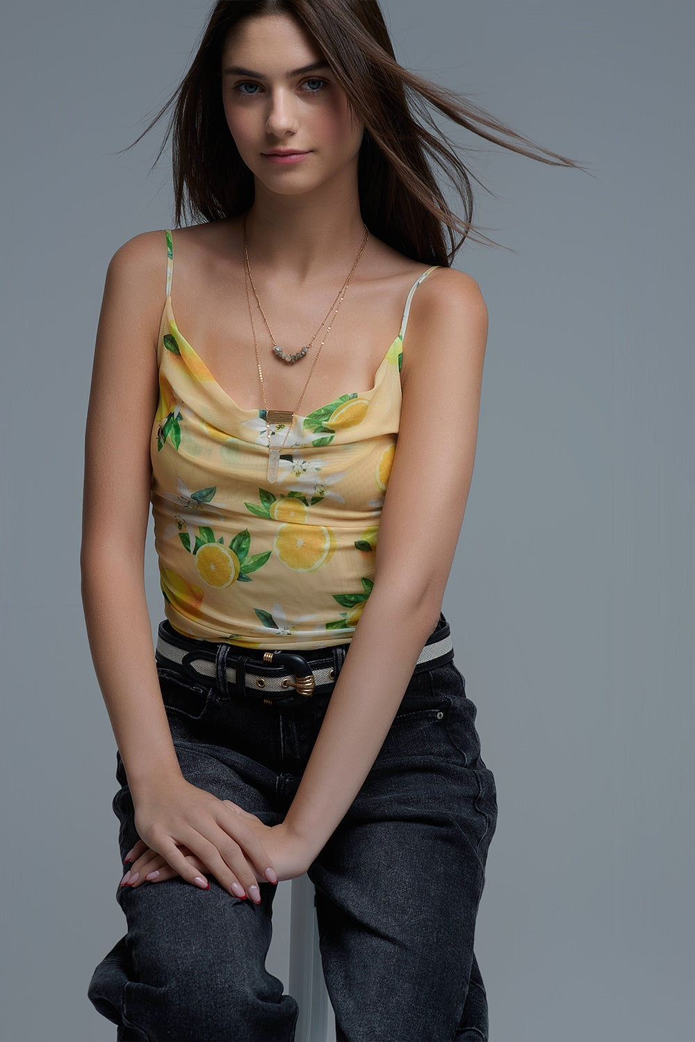 Yellow body top with lemon print in mesh fabric