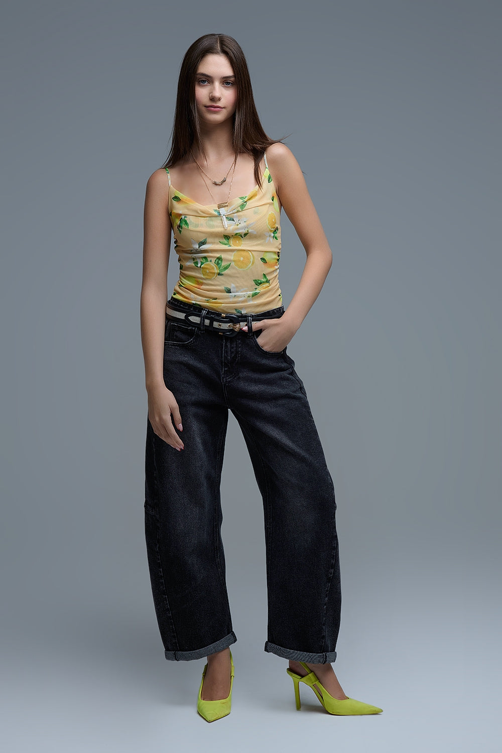 Yellow body top with lemon print in mesh fabric