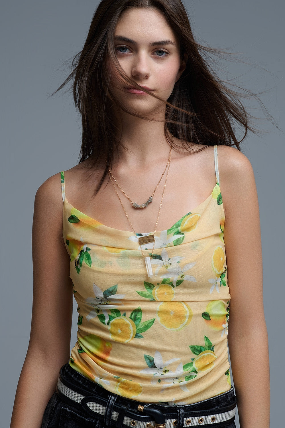 Q2 Yellow body top with lemon print in mesh fabric