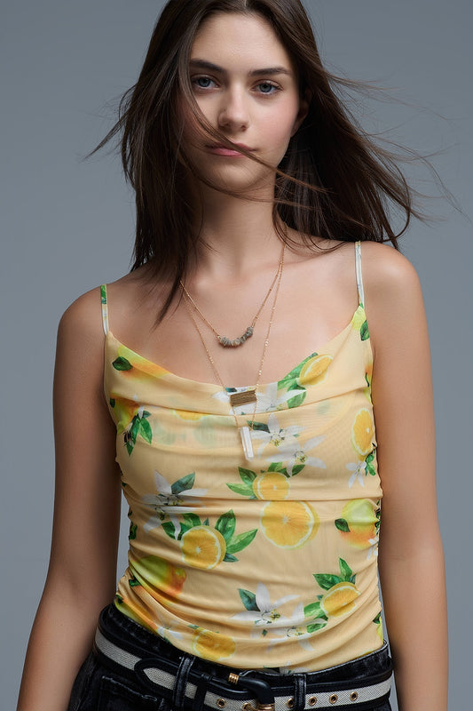 Q2 Yellow body top with lemon print in mesh fabric