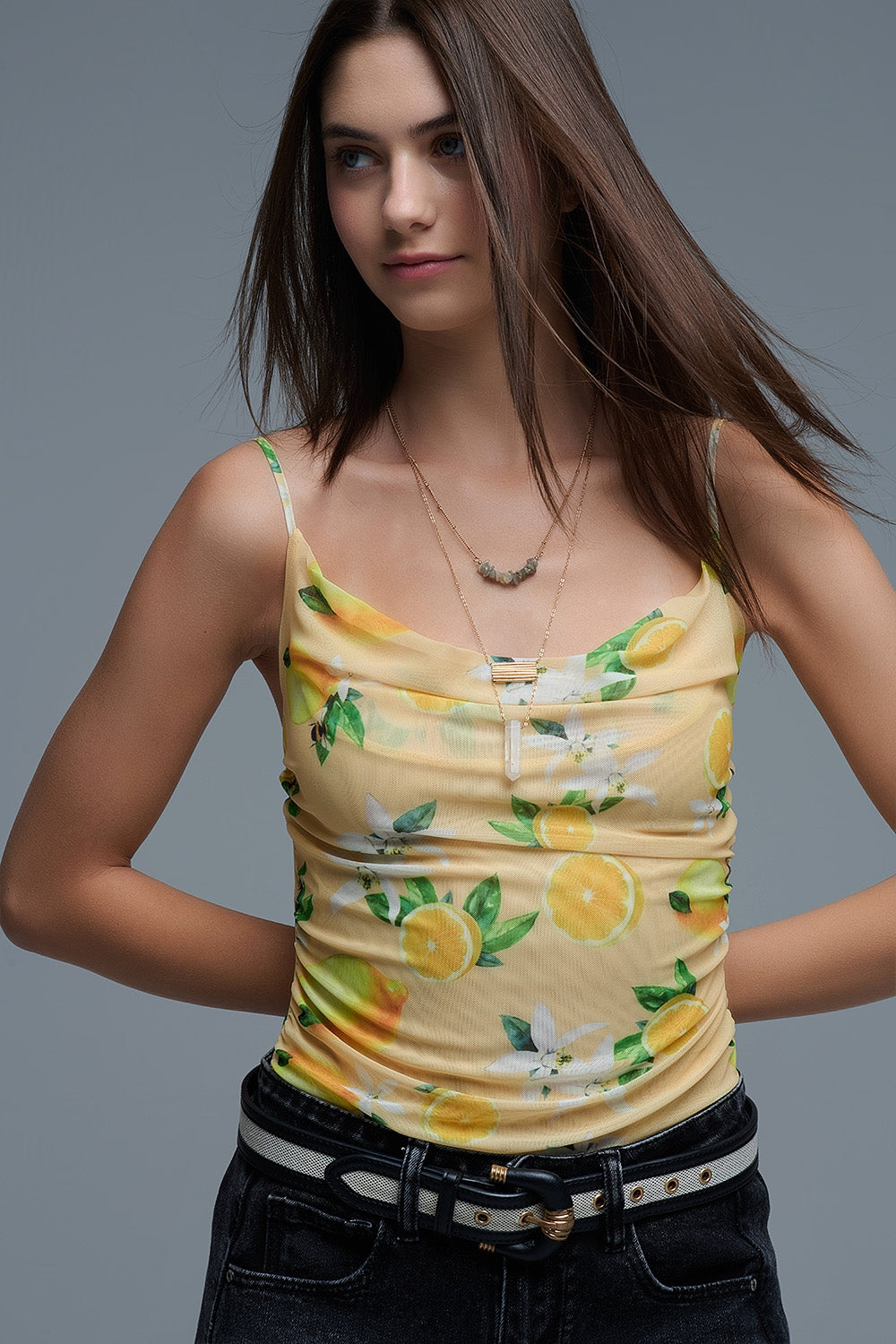 Yellow body top with lemon print in mesh fabric